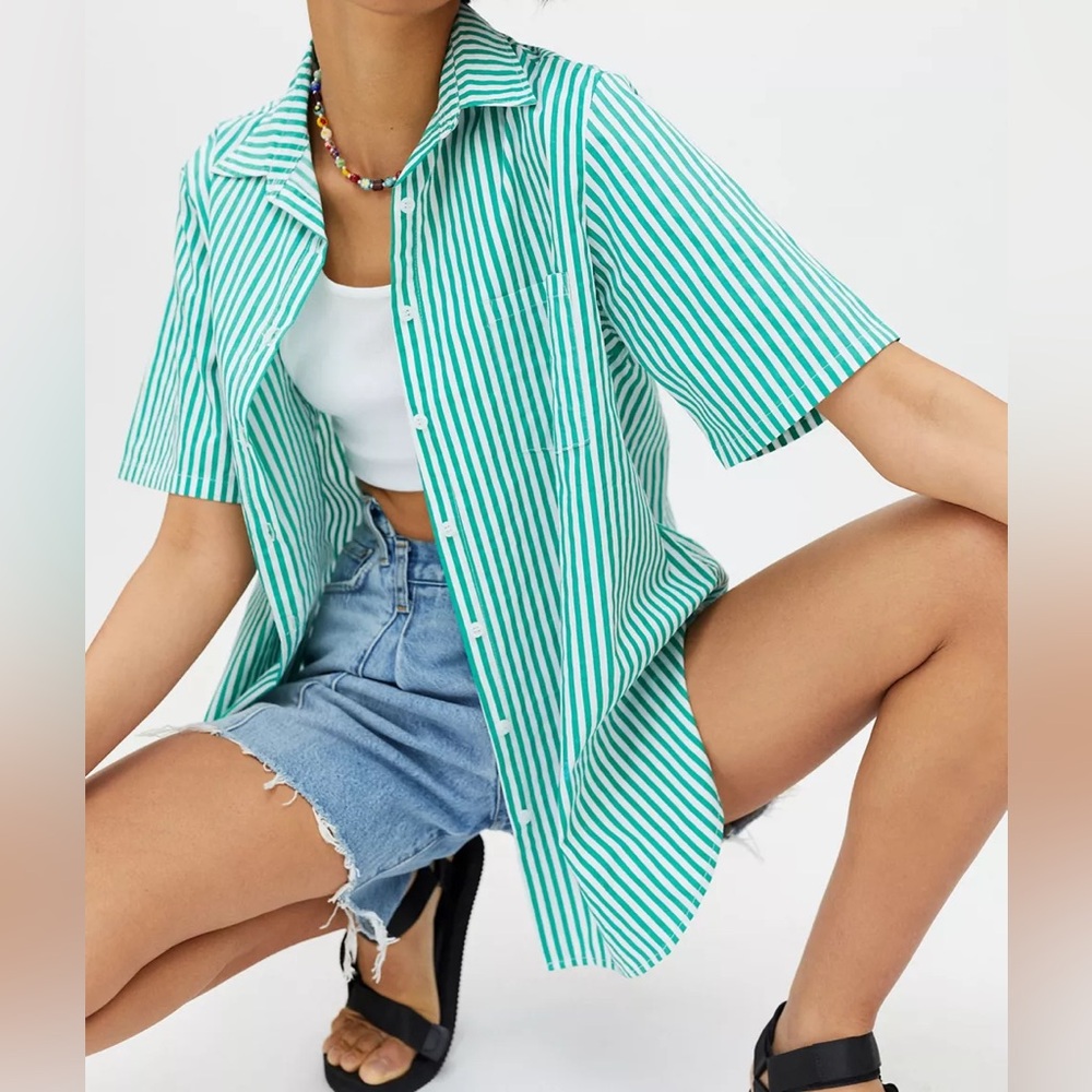 Motel Smith Short Sleeve Button-Down Shirt small green stripes Urban Out